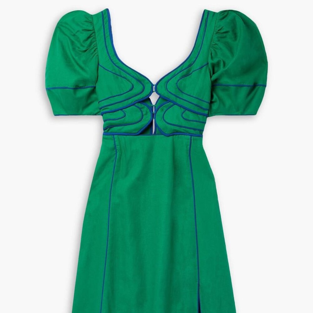 Farm Rio - Piped Cutout Linen-blend Midi Dress - Green